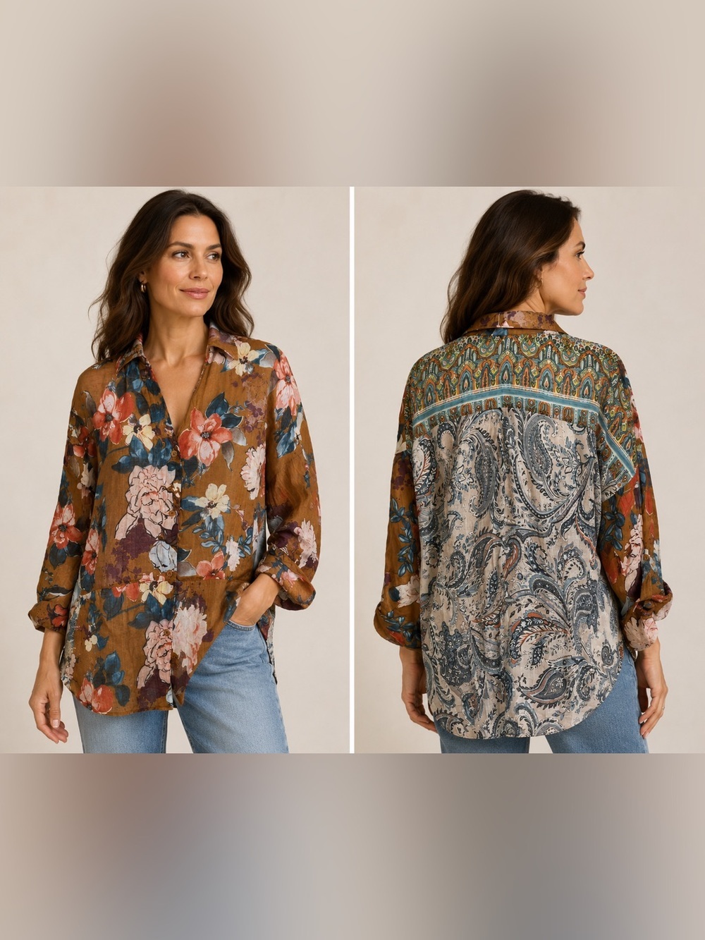 Umgee Brown Floral & Paisley Semi Sheer Button Down Shirt XL Extra Large